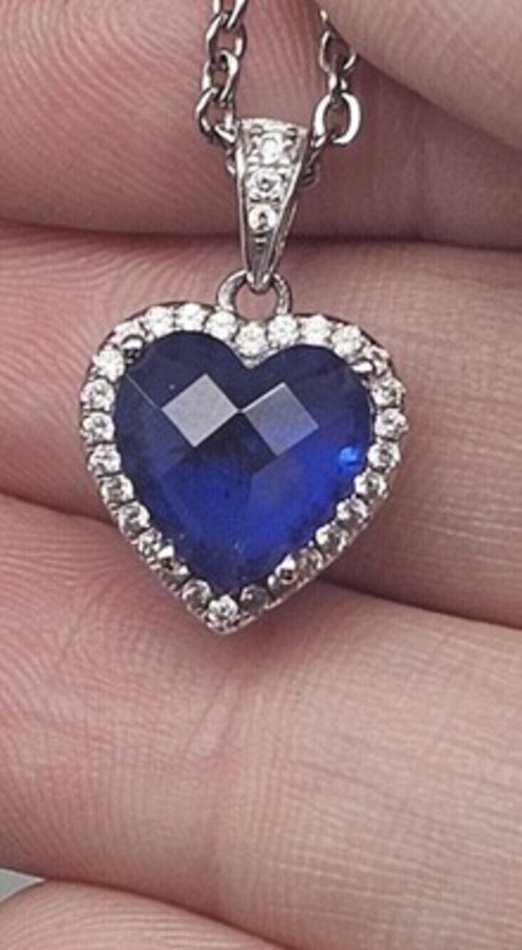 925 Sterling Silver Created Sapphire Heart Pendant Choker CZ Necklace For Women - Picture 5 of 10